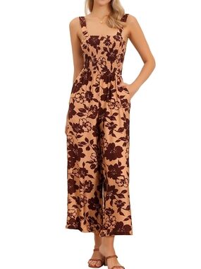 Floral Smocked Wide-Leg Jumpsuit in Tan and Brown